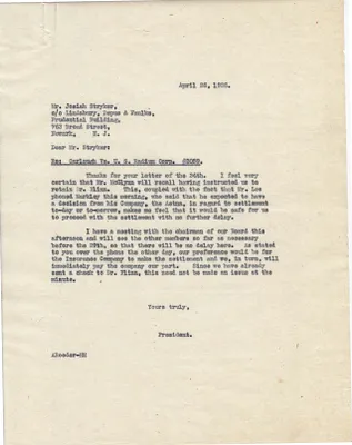 Letters Sent to Josiah Stryker, April 26, 1926
