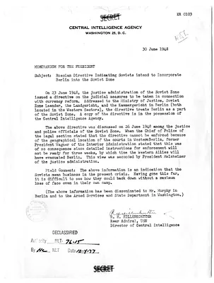 Memorandum from Rear Admiral R. H. Hillenkoetter to President Harry S. Truman