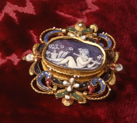 Dress Ornament with Young Faun Playing His Pipe in a Garden