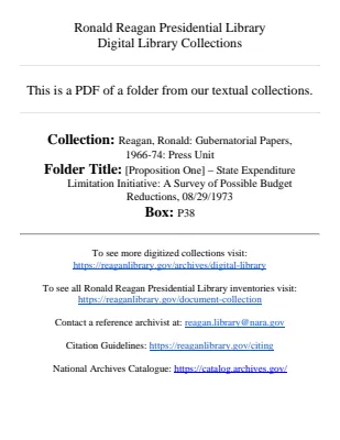 [Proposition One] - State Expenditure Limitation Initiative: A Survey of Possible Budget Reductions, 08/29/1973