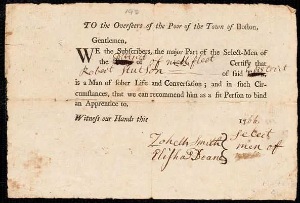 Benjamin Lemoine indentured to apprentice with Robert Stutson of Wellfleet, 6 November 1766