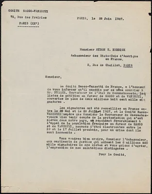 Comité Sacco-Vanzetti typed letter (copy), in French, to Myron T. Herrick, Paris, France, June 28, 1927