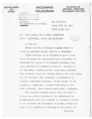 Telegram from Secretary of State Edward Stettinius to Acting Secretary of State Joseph Grew