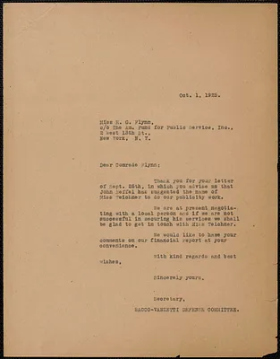 Sacco-Vanzetti Defense Committee typed letter (copy) to Elizabeth Gurley Flynn (The American Fund For Public Service, Inc.), Boston, Mass., October 1, 1925