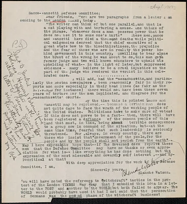 Blanche Watson typed letter signed to Sacco-Vanzetti Defense Committee, [Manchester-By-The-Sea?, Mass.], [August? 1927]
