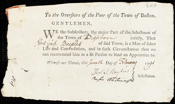 Eleanor Cox indentured to apprentice with Hadijah Bayles [Baylies] of Brighton, 4 February 1791