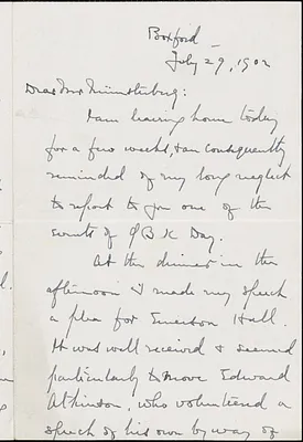 Palmer, George Herbert, 1842-1933 autograph letter signed to Hugo Münsterberg, Boxford, Mass., 29 July 1902