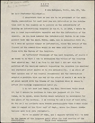 Baldwin, James Mark, 1861-1934 typed letter (copy) to Prof. Pillsbury, Paris, 23 January 1910