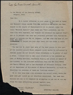 Armistead Collier typed letter (copy) to the Editor, Evening Appeal, Cambridge, Mass., [May? 1927]