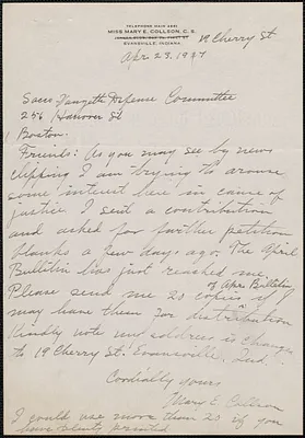 Mary E. Collson autograph letter signed to Sacco-Vanzetti Defense Committee, Evensville, Ind., April 23, 1927