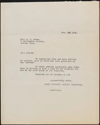Sacco-Vanzetti Defense Committee typed letter to E[lizabeth] G[lendower] Evans, [Boston, Mass.], February 18, 1926