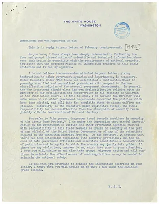 Correspondence Between President Harry S. Truman and Secretary of War Robert Patterson with Attachments