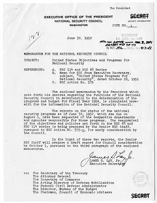 Memorandum from James S. Lay, Jr. to the National Security Council with Attachment