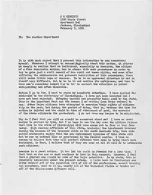 Letter from James Meredith to the Justice Department, 7 February 1961