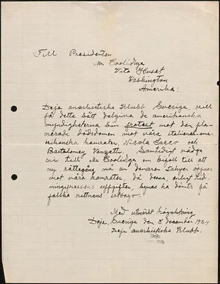 Deje Anarkistiske Klubb autograph letter signed, in Swedish, to [Calvin] Coolidge, Deje, Sweden, December 8, 1924