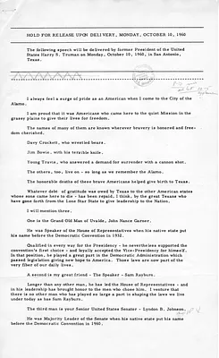 Press Release, Speech of Former President Harry S. Truman, San Antonio, Texas