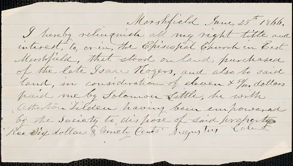 Relinquishment of Augustus Cole's title to Trinity Church in Marshfield