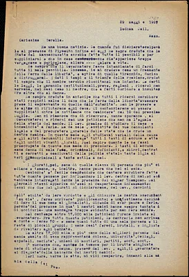 Bartolomeo Vanzetti typed letter (copy) to Luigia Vanzetti, Dedham, 29 May 1927