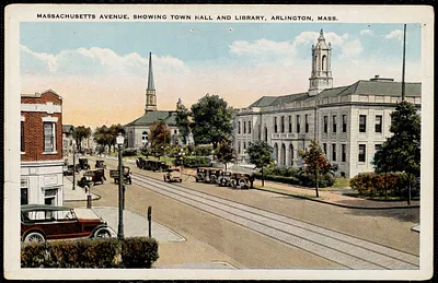 Massachusetts Avenue, showing town hall and library, Arlington, Mass.