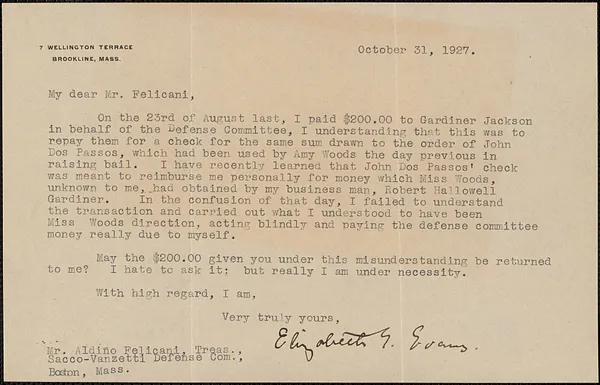 Elizabeth G[lendower] Evans typed letter signed to Aldino Felicani, Brookline, Mass., October 31, 1927