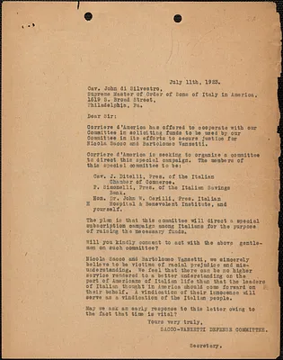 Sacco-Vanzetti Defense Committee typed letter (copy) to John Di Silvestro (Sons of Italy in America), Boston, Mass., July 11, 1923