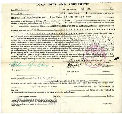 Loan Note and Agreement between Harry S. and Bess W. Truman and the Illinois Life Insurance Company