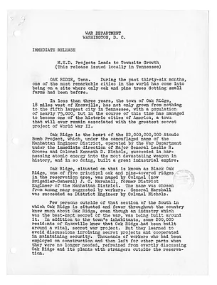 War Department Press Release