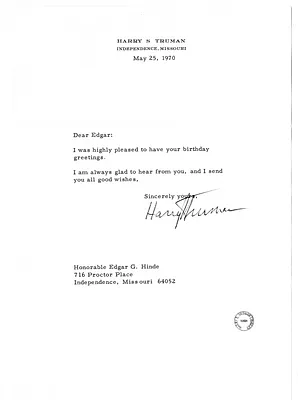 Letter from Harry S. Truman to Edgar Hinde