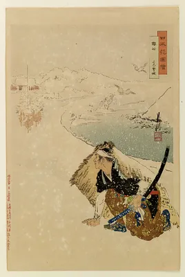 Warrior in snow watching troops approach
