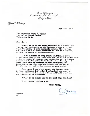 Correspondence Between Harry S. Truman and Verne E. Chaney