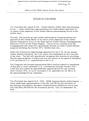 President Signs S. 818, United Nations Middle East peacekeeping forces; H.R. 4700, NASA Appropriations Authorization; S. 441, Availability of forest pest control funds; and H.R. 3109, Annual authorization of appropriations, saline water program [Signing Statements and Announcements]