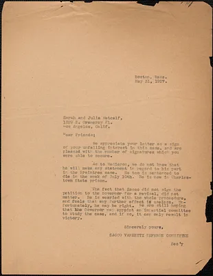 Sacco-Vanzetti Defense Committee typed letter (copy) to Sarah and Julia Metcalf, Boston, Mass., May 31, 1927