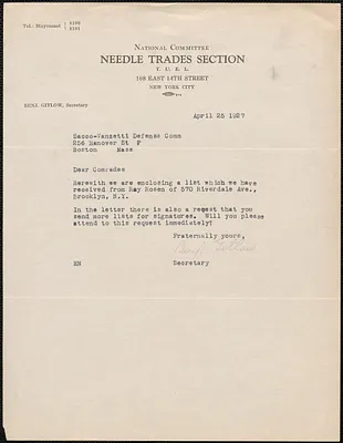 Benjamin Gitlow (T.U.E.L., Needle Trades Section) typed note signed to Sacco-Vanzetti Defense Committee, New York, N.Y., April 25, 1927