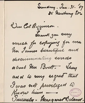 Margaret Deland autograph note signed to Thomas Wentworth Higginson, Boston, 31 January 1909