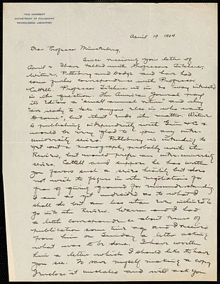 Judd, Charles Hubbard, 1873-1946 autograph letter signed to Hugo Münsterberg, New Haven, Conn., 19 April 1904