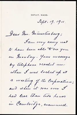 Lowell, A. Lawrence (Abbott Lawrence), 1856-1943 autograph letter signed to Hugo Münsterberg, Cotuit, Mass., 19 September 1911