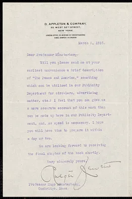 Jewett, Rutger B. autograph letter signed to Hugo Münsterberg, New York, 8 March 1915