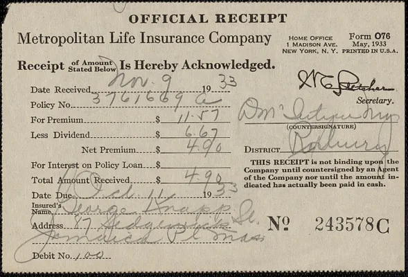 Receipt from Metropolitan Life Insurance Company for George Knapp, October 11, 1933