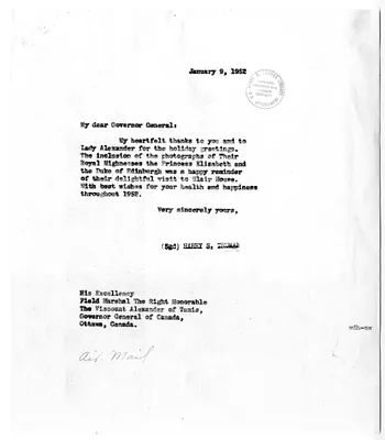 Correspondence Between President Harry S. Truman and Viscount Alexander of Tunis, Governor General of Canada