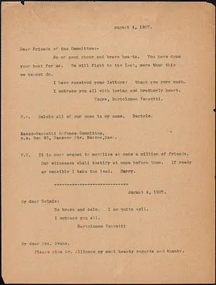 Bartolomeo Vanzetti typed note (copy) to Dear Friends of the Committee, [Charlestown, Mass.], August 4, 1927