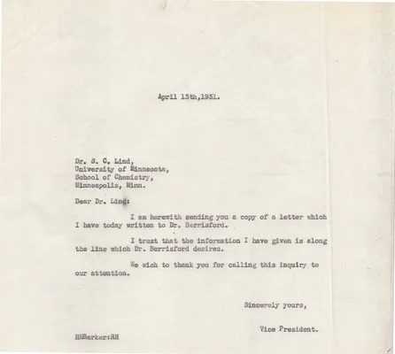Letters Sent to S.C. Lind, April 13, 1931