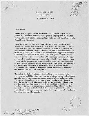 Letter from President Gerald R. Ford to U.S. Representative Fortney H. "Pete" Stark, Jr. concerning diplomatic relations with the Democratic Republic of Vietnam