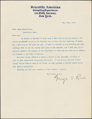 Rines, George Edwin, 1858-1951 typed letter signed to Hugo Münsterberg, New York, 21 May 1908