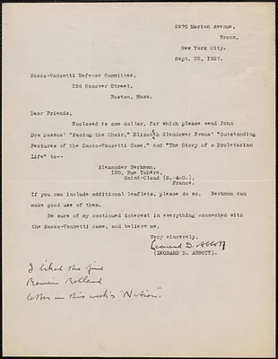 Leonard D. Abbott typed letter signed to Sacco-Vanzetti Defense Committee, Bronx, N. Y., September 22, 1927