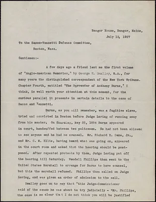 Mary J. Allen typed letter signed to Sacco-Vanzetti Defense Committee, Bangor, Me., July 12, 1927