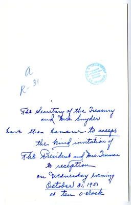 Invitation Reply from Secretary of the Treasury and Mrs. John Snyder to the White House Social Office