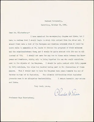 Eliot, Charles William, 1834-1926 typed letter signed to Hugo Münsterberg, Cambridge, Mass., 28 October 1902