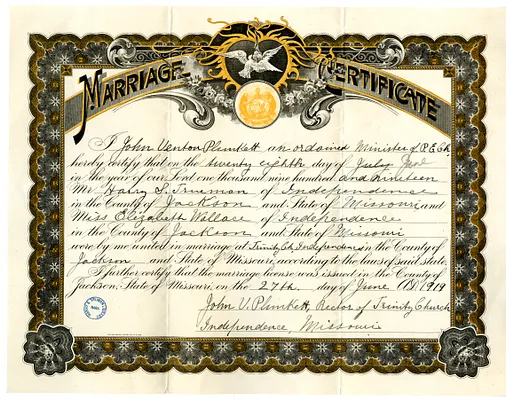 Marriage Certificate of Harry S. Truman and Bess Wallace Truman