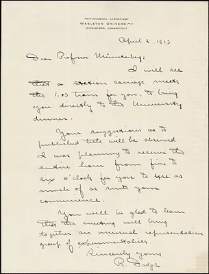 Dodge, Raymond, 1871-1942 autograph letter signed to Hugo Münsterberg, Middletown, Conn., 2 April 1913