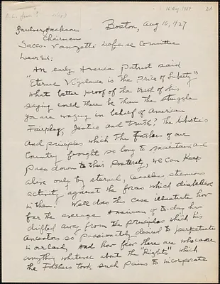 Autograph letter signed to Gardner Jackson, Boston, Mass., August 16, 1927